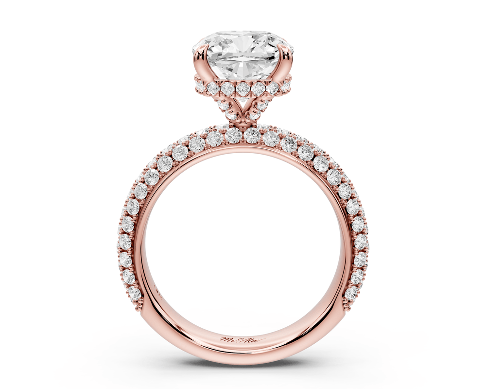 Evelina - 3ct 14k rose gold cushion wrap around Halo Rollover Pavé Diamond Crown Engagement Ring - Mr. Alex Jewelry