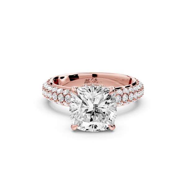 Evelina - 3ct 14k rose gold cushion wrap around Halo Rollover Pavé Diamond Crown Engagement Ring - Mr. Alex Jewelry