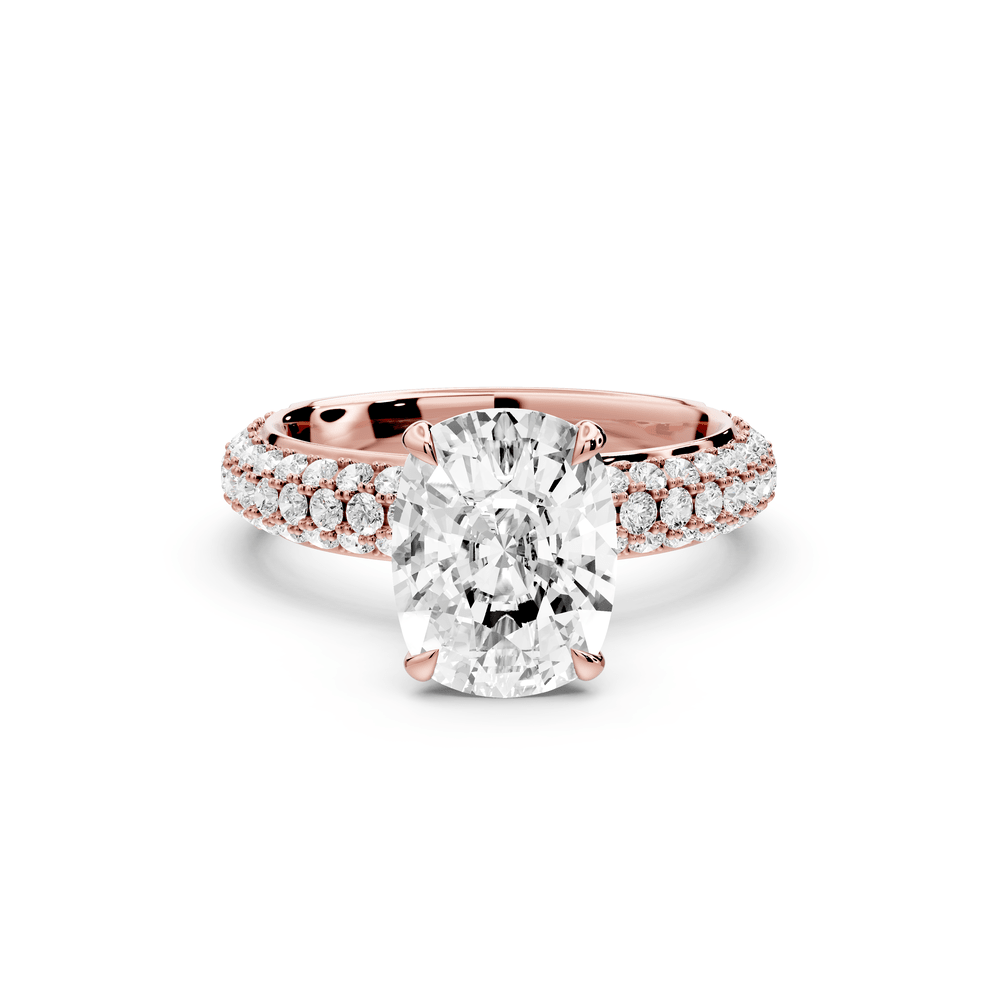 Evelina - 3ct 14k rose gold ecushion wrap around Halo Rollover Pavé Diamond Crown Engagement Ring - Mr. Alex Jewelry