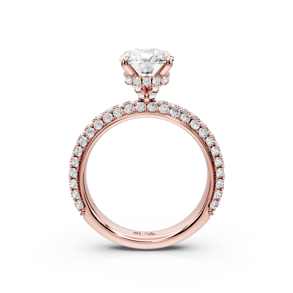 Evelina - 3ct 14k rose gold ecushion wrap around Halo Rollover Pavé Diamond Crown Engagement Ring - Mr. Alex Jewelry