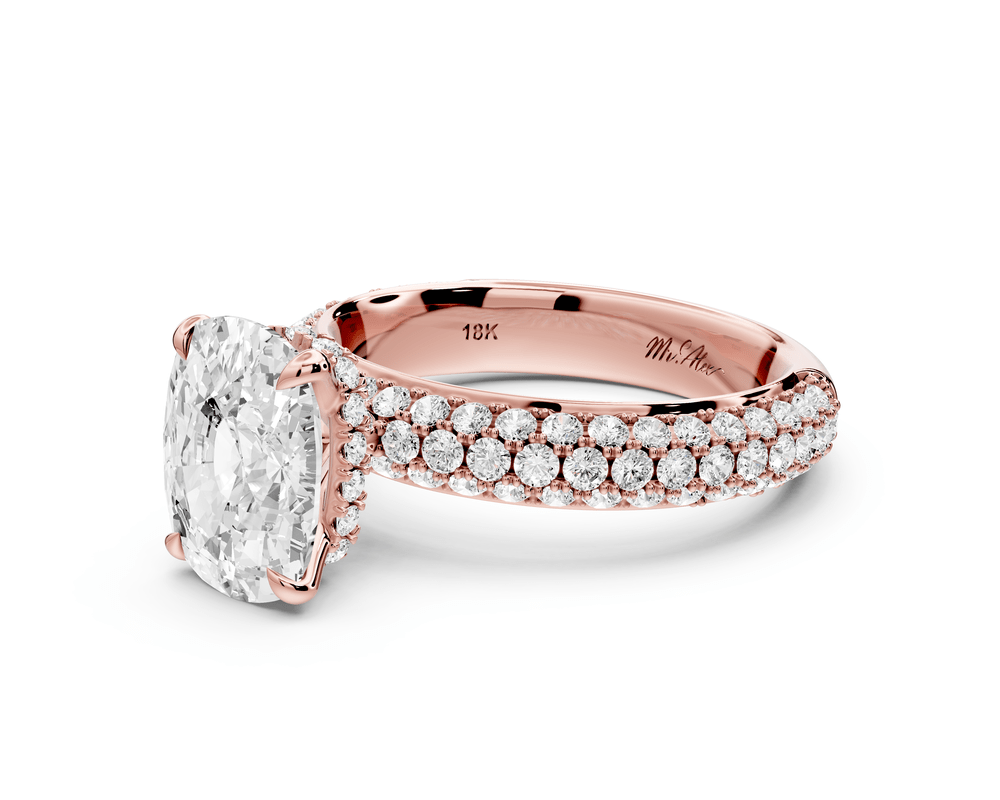 Evelina - 3ct 14k rose gold ecushion wrap around Halo Rollover Pavé Diamond Crown Engagement Ring - Mr. Alex Jewelry