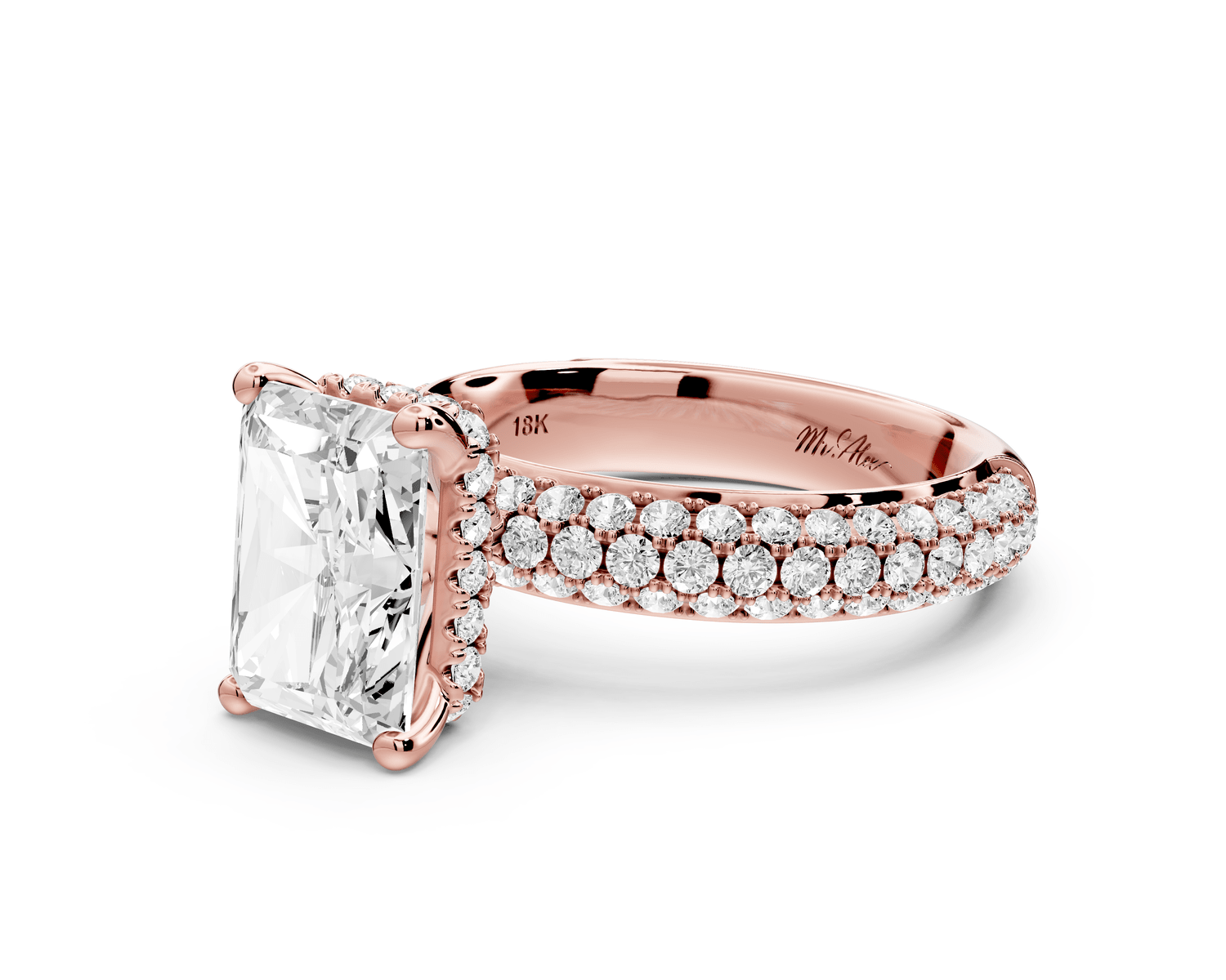 Evelina - 3ct 14k rose gold radiant wrap around Halo Rollover Pavé Diamond Crown Engagement Ring - Mr. Alex Jewelry