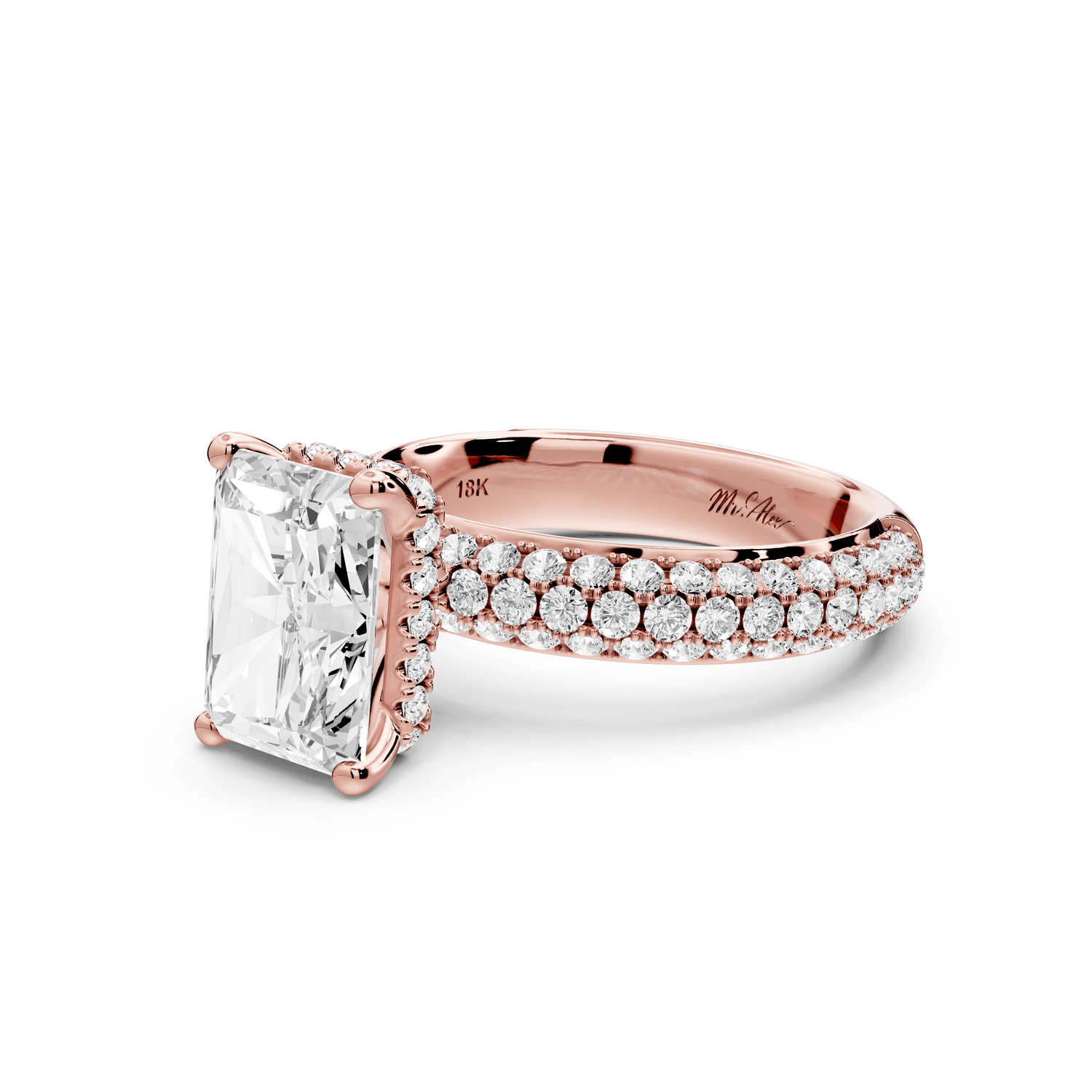 Evelina - 3ct 14k rose gold radiant wrap around Halo Rollover Pavé Diamond Crown Engagement Ring - Mr. Alex Jewelry