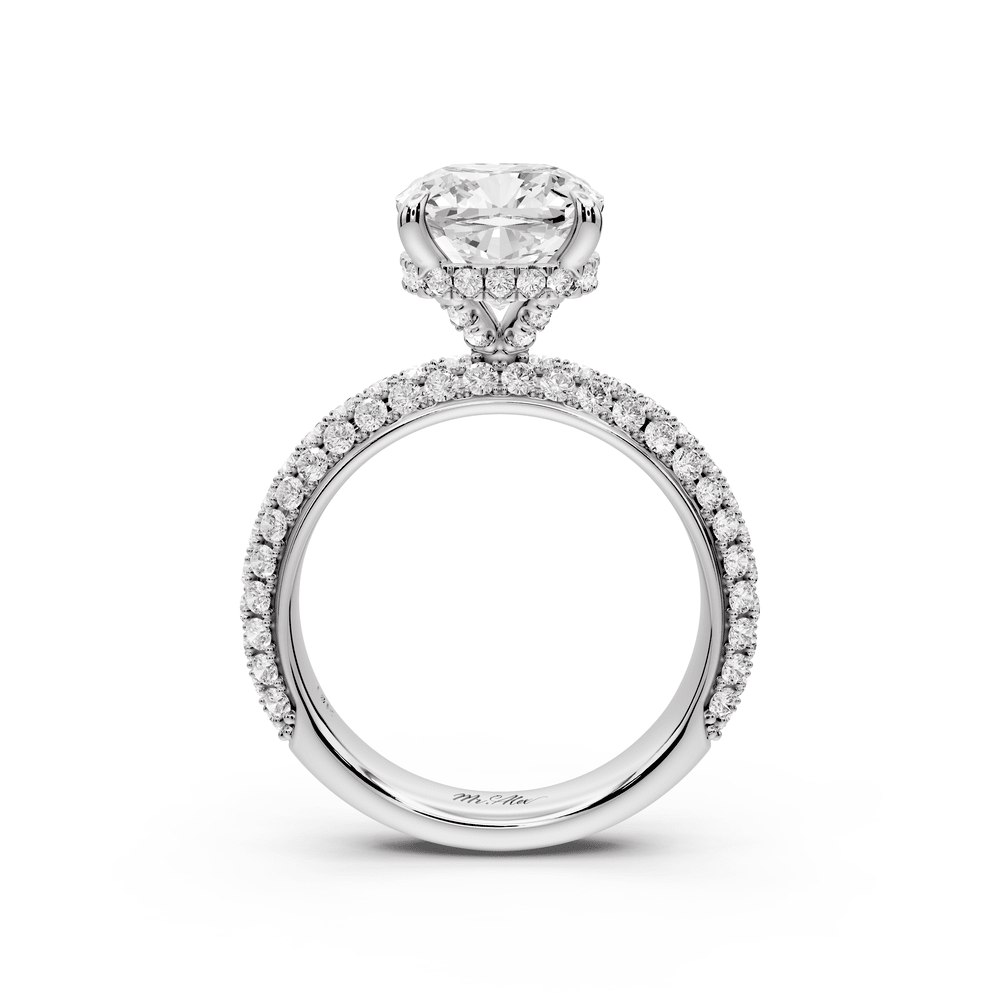 Evelina - 3ct 14k white gold cushion wrap around Halo Rollover Pavé Diamond Crown Engagement Ring - Mr. Alex Jewelry