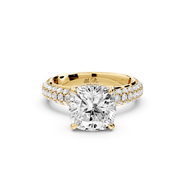 Evelina - 3ct 14k yellow gold cushion wrap around Halo Rollover Pavé Diamond Crown Engagement Ring - Mr. Alex Jewelry