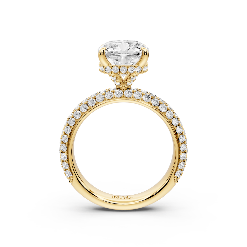Evelina - 3ct 14k yellow gold cushion wrap around Halo Rollover Pavé Diamond Crown Engagement Ring - Mr. Alex Jewelry