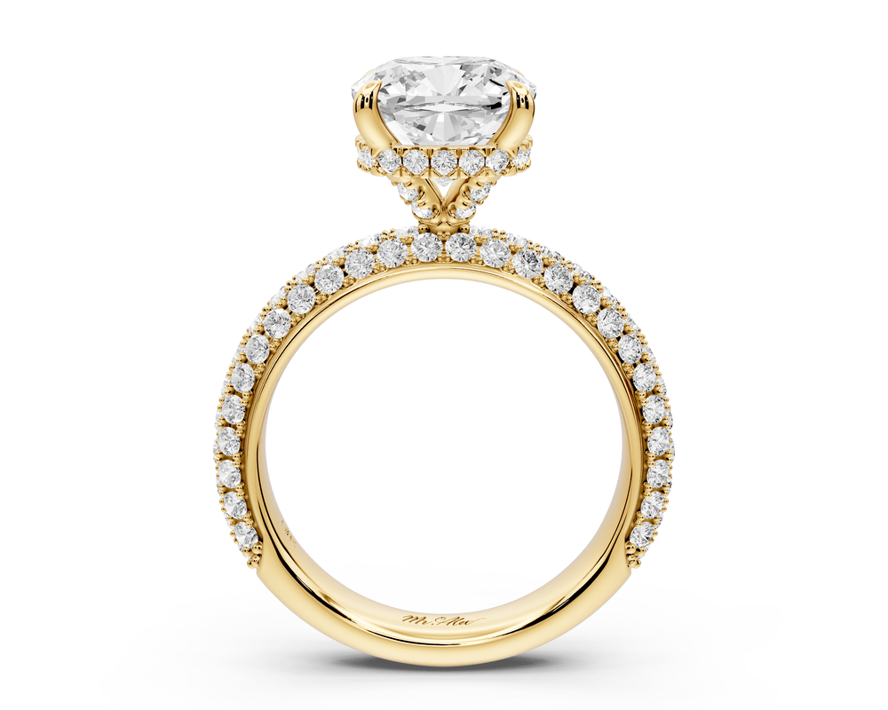Evelina - 3ct 14k yellow gold cushion wrap around Halo Rollover Pavé Diamond Crown Engagement Ring - Mr. Alex Jewelry