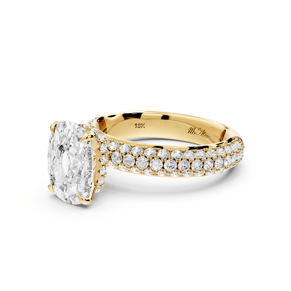 Evelina - 3ct 14k yellow gold ecushion wrap around Halo Rollover Pavé Diamond Crown Engagement Ring - Mr. Alex Jewelry