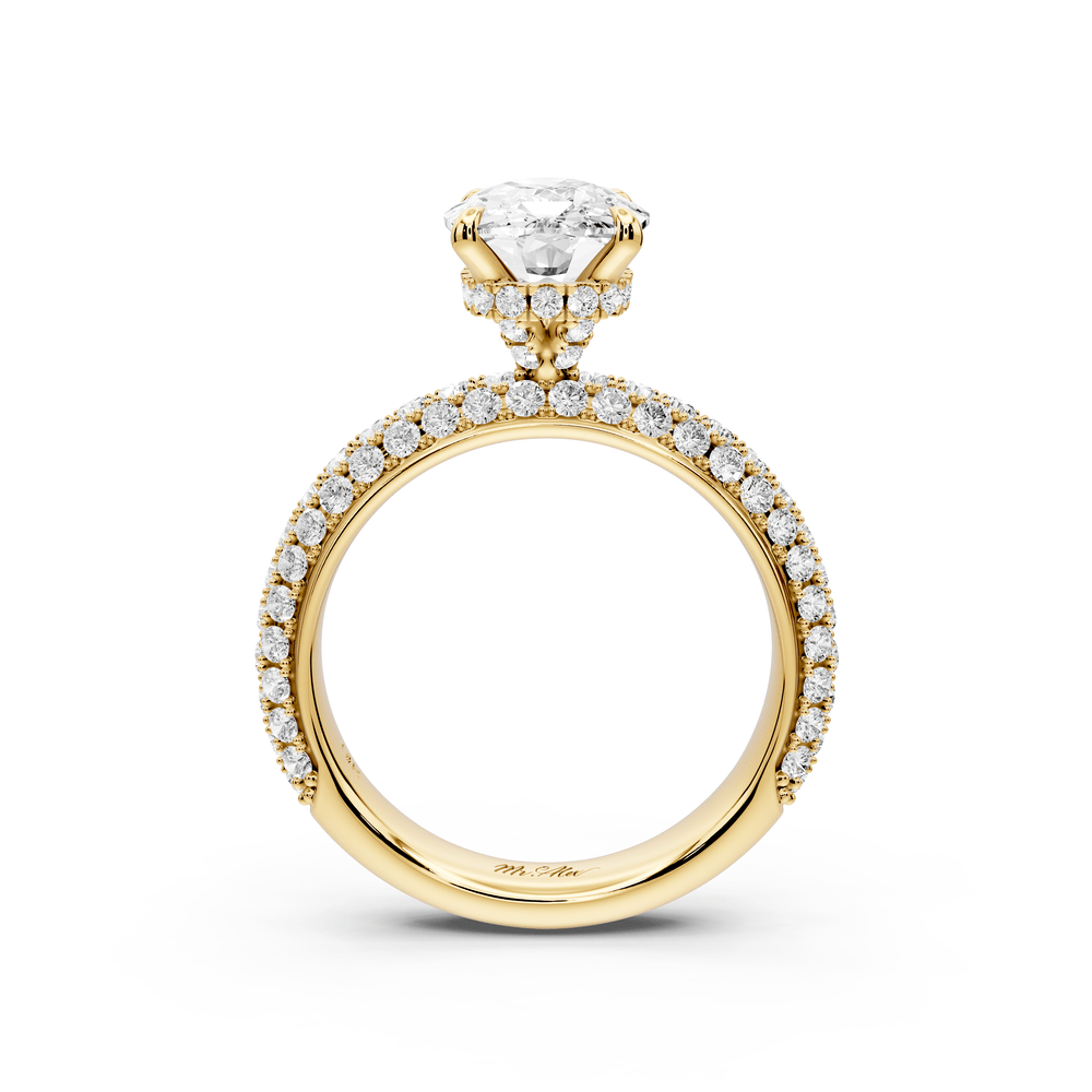 Evelina - 3ct 14k yellow gold ecushion wrap around Halo Rollover Pavé Diamond Crown Engagement Ring - Mr. Alex Jewelry