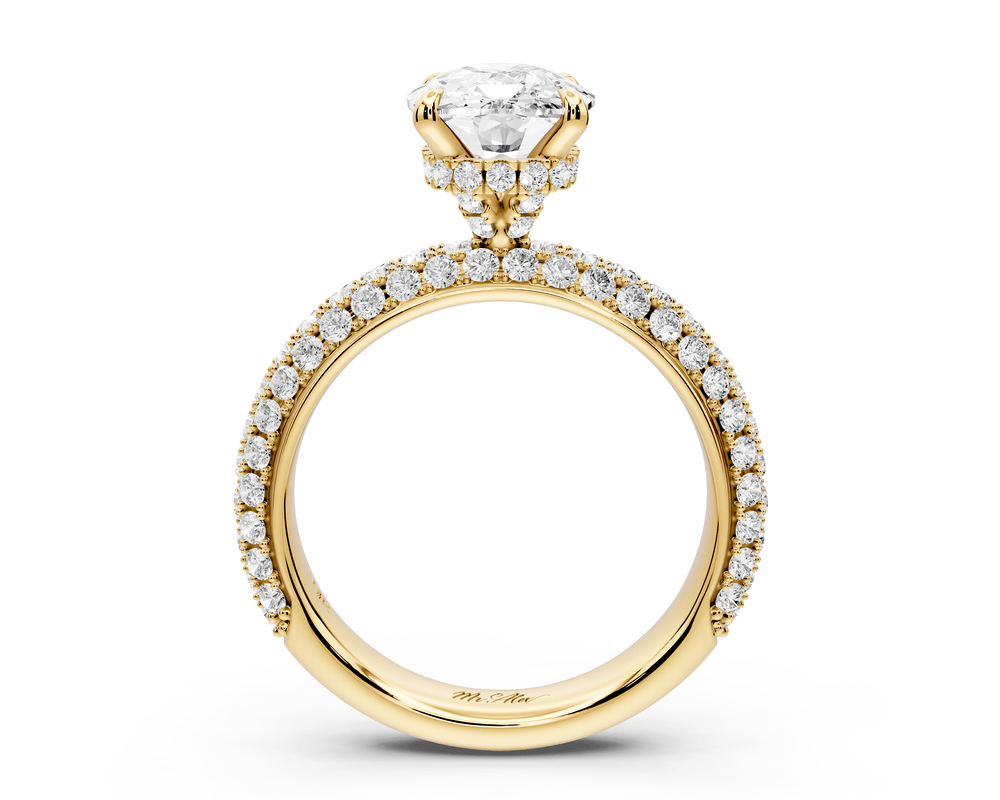Evelina - 3ct 14k yellow gold ecushion wrap around Halo Rollover Pavé Diamond Crown Engagement Ring - Mr. Alex Jewelry