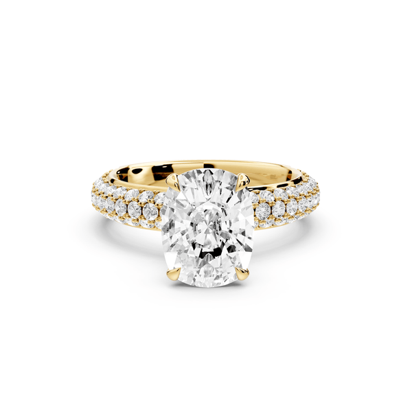 Evelina - 3ct 14k yellow gold ecushion wrap around Halo Rollover Pavé Diamond Crown Engagement Ring - Mr. Alex Jewelry