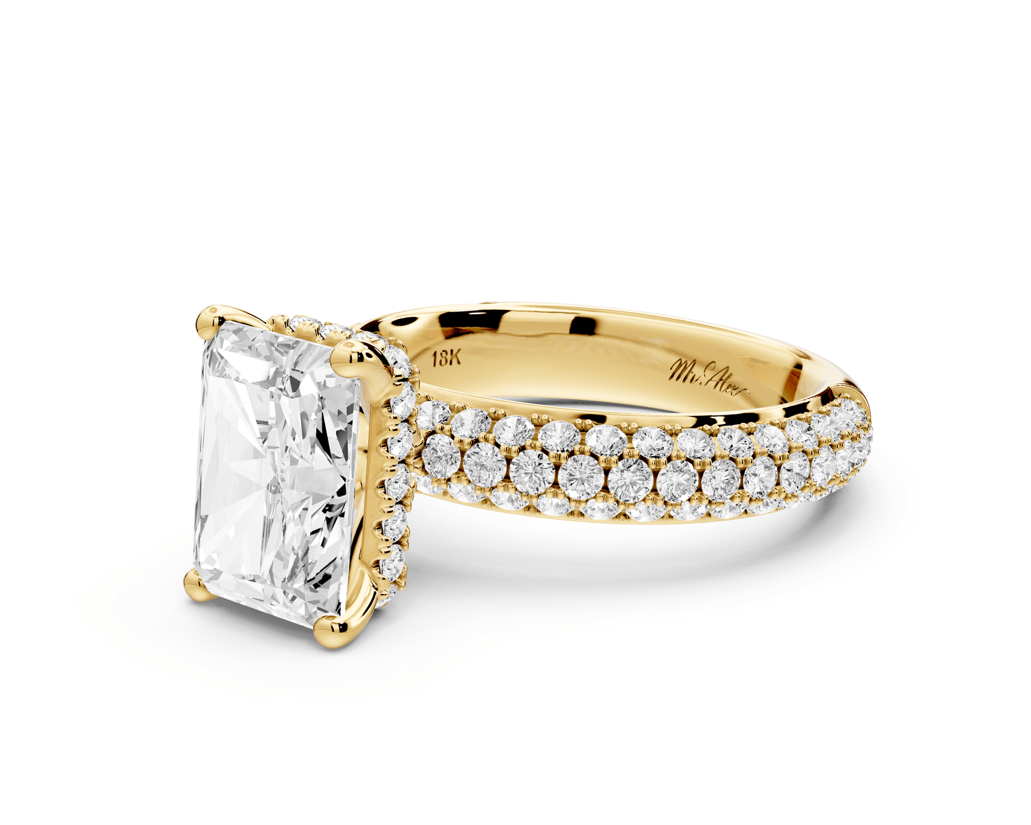 Evelina - 3ct 14k yellow gold radiant wrap around Halo Rollover Pavé Diamond Crown Engagement Ring - Mr. Alex Jewelry
