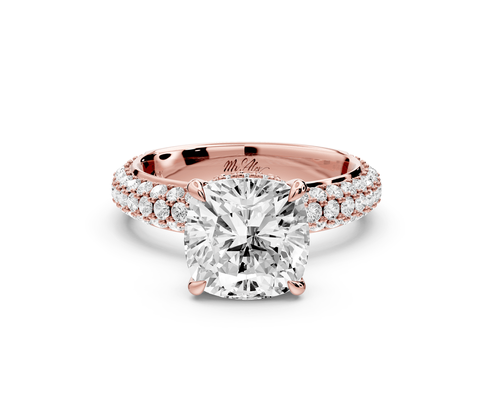 Evelina - 3ct 18k rose gold cushion wrap around Halo Rollover Pavé Diamond Crown Engagement Ring - Mr. Alex Jewelry
