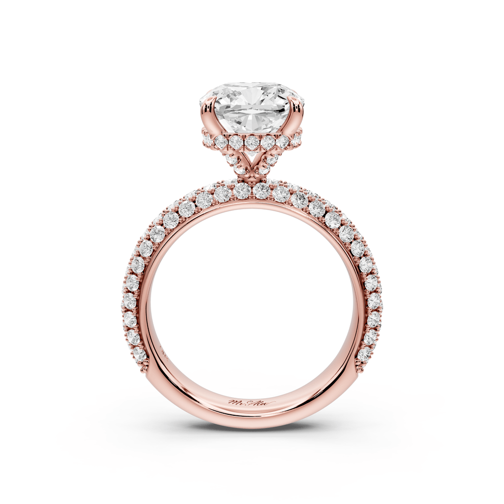 Evelina - 3ct 18k rose gold cushion wrap around Halo Rollover Pavé Diamond Crown Engagement Ring - Mr. Alex Jewelry