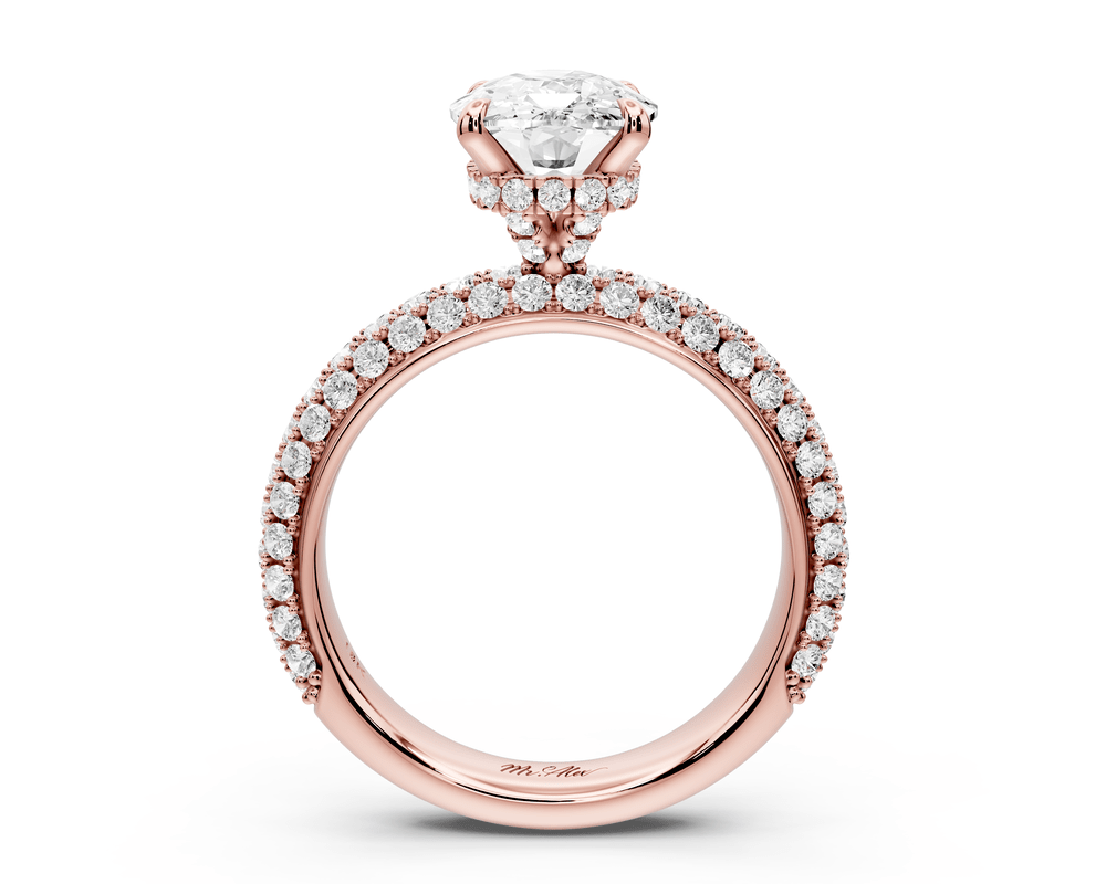 Evelina - 3ct 18k rose gold ecushion wrap around Halo Rollover Pavé Diamond Crown Engagement Ring - Mr. Alex Jewelry