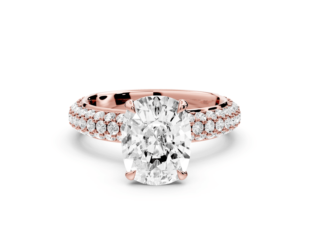 Evelina - 3ct 18k rose gold ecushion wrap around Halo Rollover Pavé Diamond Crown Engagement Ring - Mr. Alex Jewelry