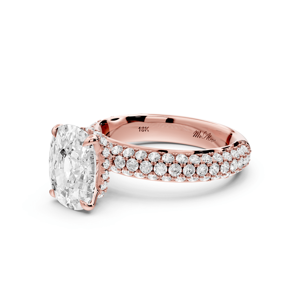 Evelina - 3ct 18k rose gold ecushion wrap around Halo Rollover Pavé Diamond Crown Engagement Ring - Mr. Alex Jewelry