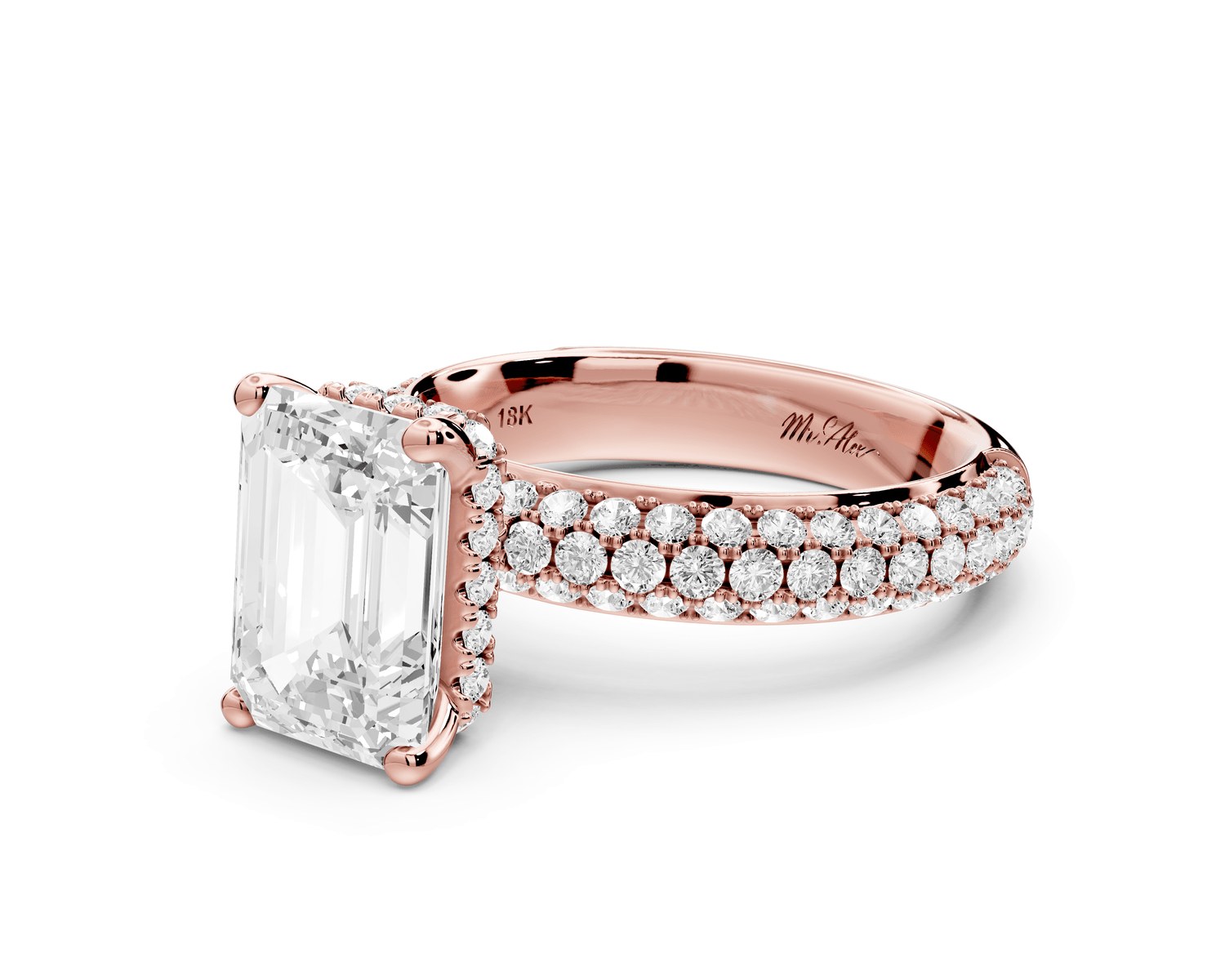 Evelina - 3ct 18k rose gold emerald wrap around Halo Rollover Pavé Diamond Crown Engagement Ring - Mr. Alex Jewelry