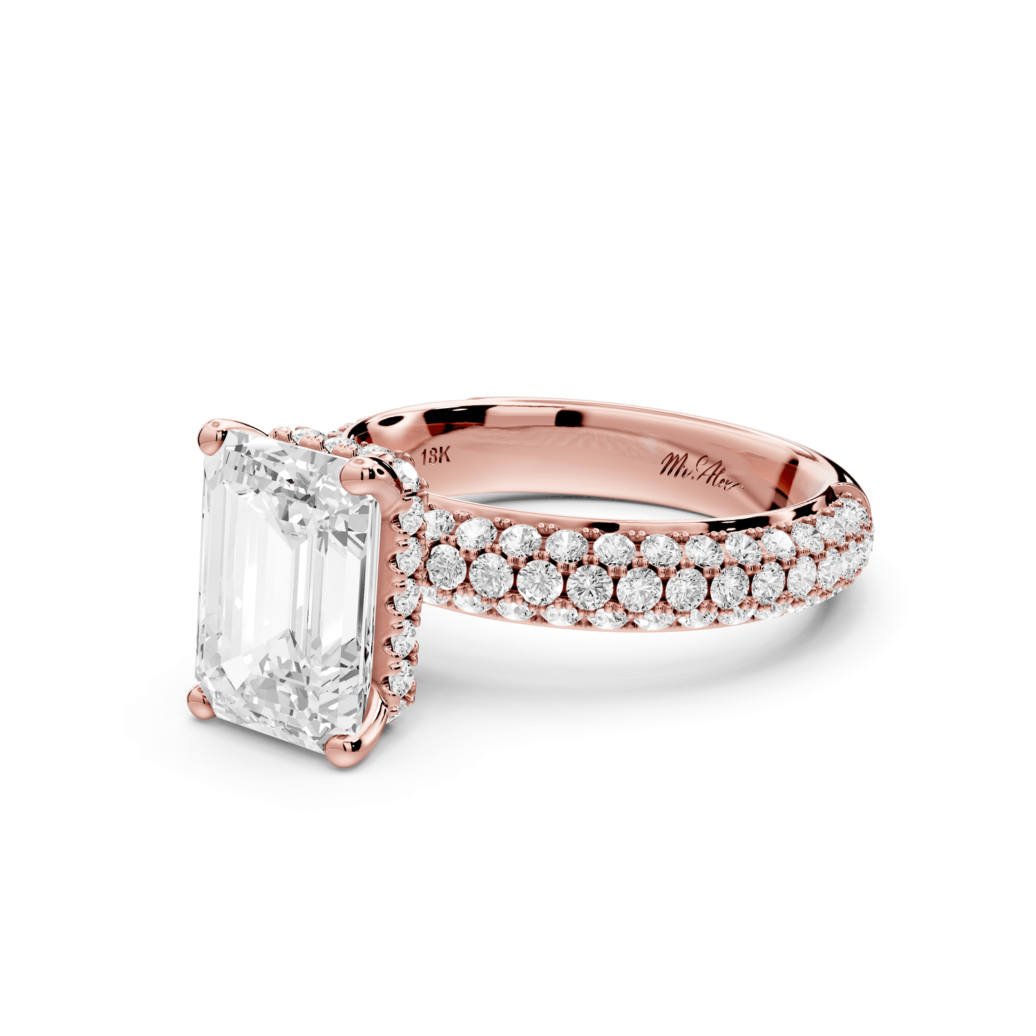Evelina - 3ct 18k rose gold emerald wrap around Halo Rollover Pavé Diamond Crown Engagement Ring - Mr. Alex Jewelry