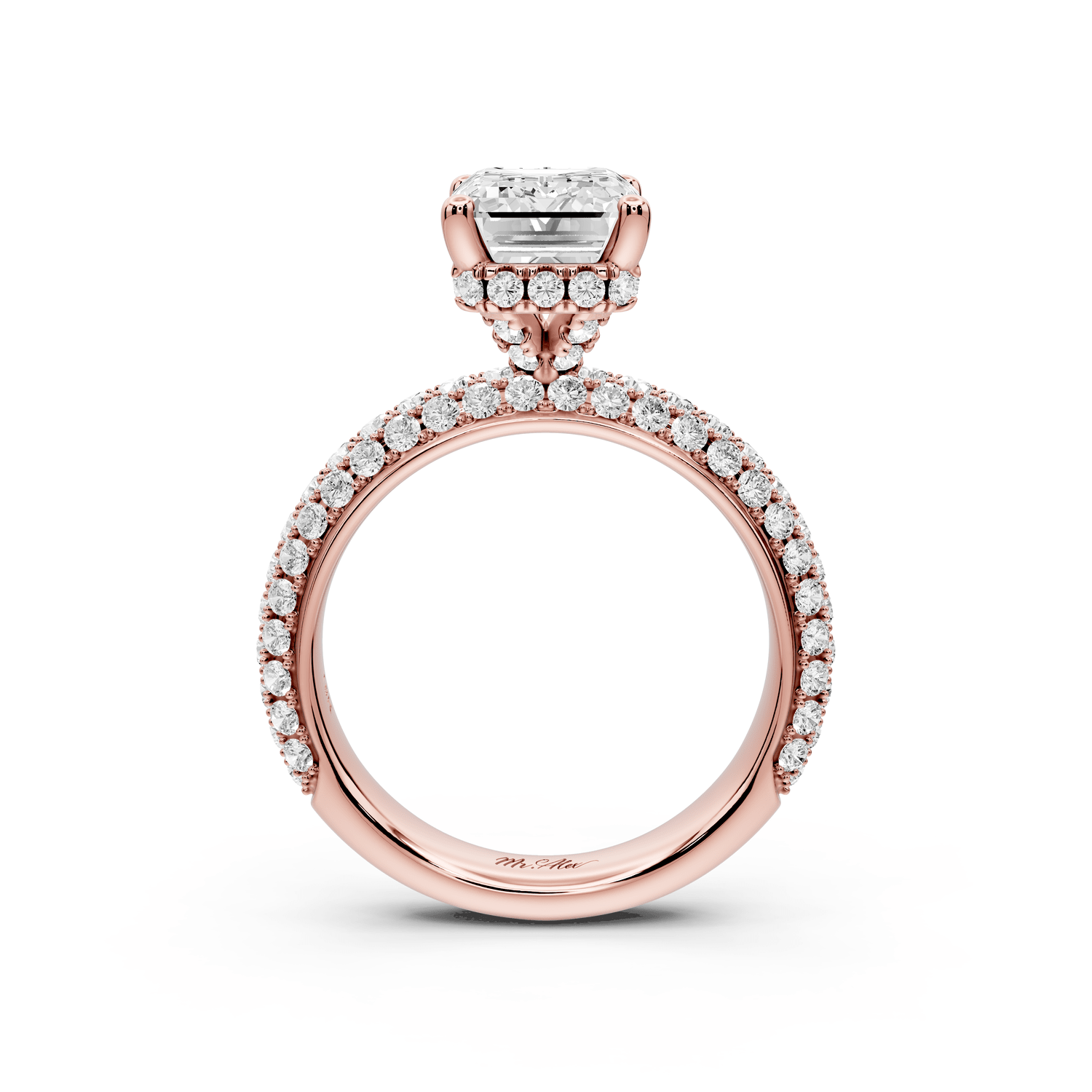 Evelina - 3ct 18k rose gold emerald wrap around Halo Rollover Pavé Diamond Crown Engagement Ring - Mr. Alex Jewelry