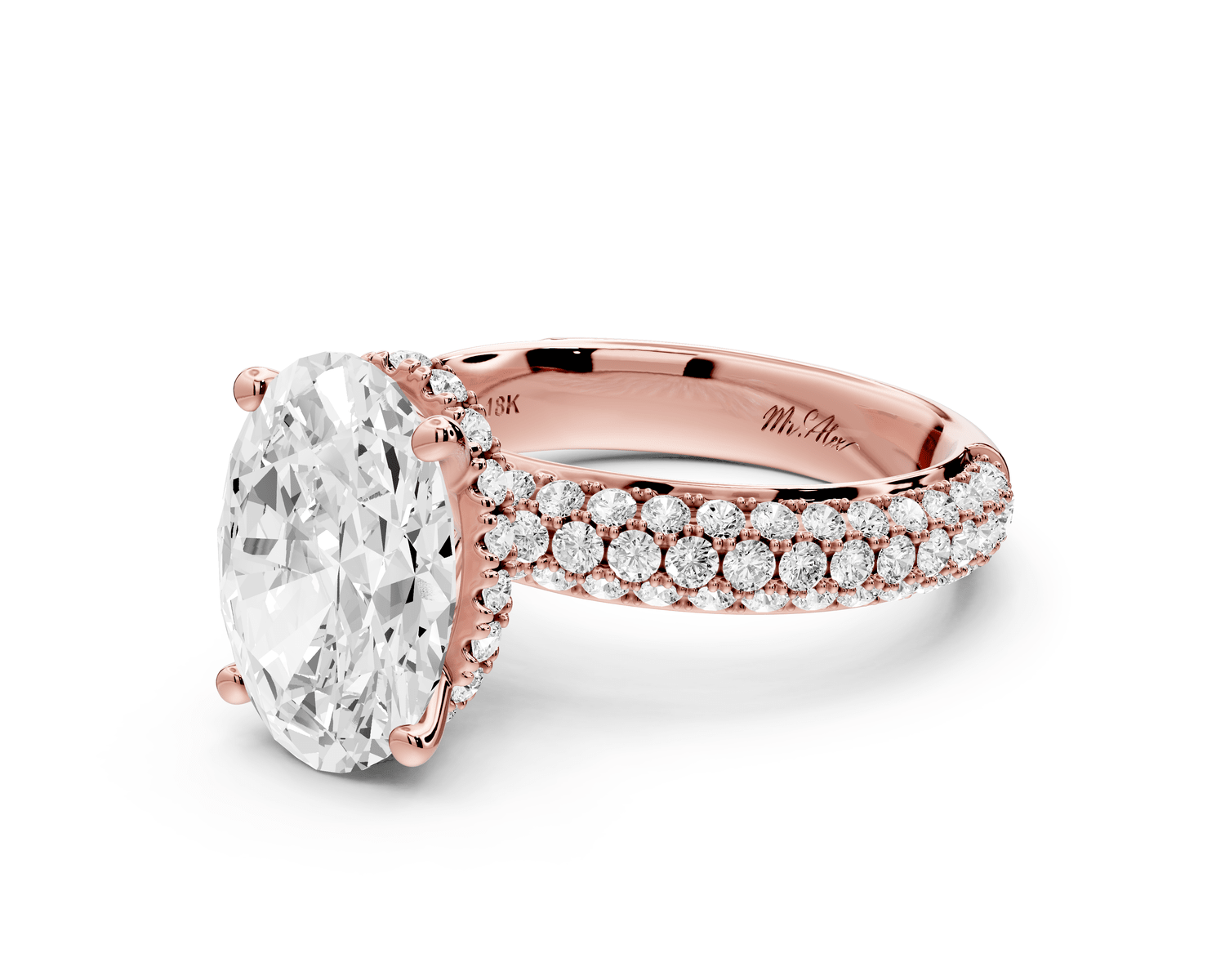 Evelina - 3ct 18k rose gold oval wrap around Halo Rollover Pavé Diamond Crown Engagement Ring - Mr. Alex Jewelry