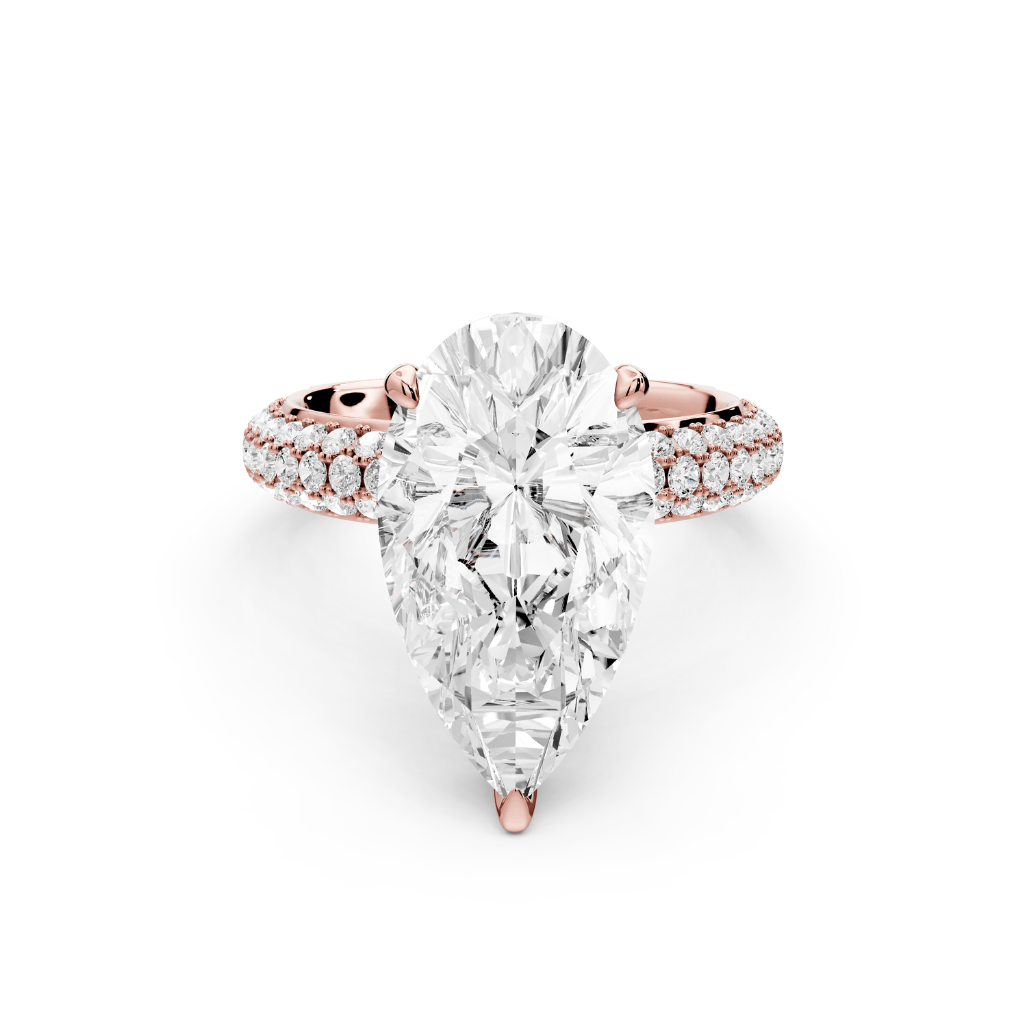 Evelina - 3ct 18k rose gold pear wrap around Halo Rollover Pavé Diamond Crown Engagement Ring - Mr. Alex Jewelry
