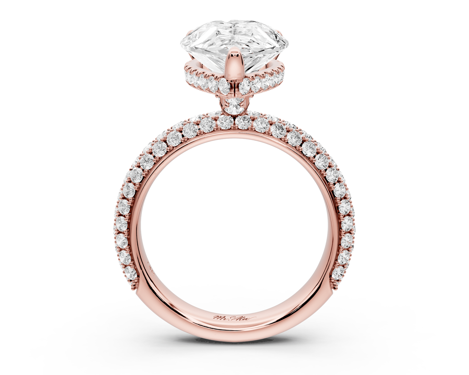 Evelina - 3ct 18k rose gold pear wrap around Halo Rollover Pavé Diamond Crown Engagement Ring - Mr. Alex Jewelry