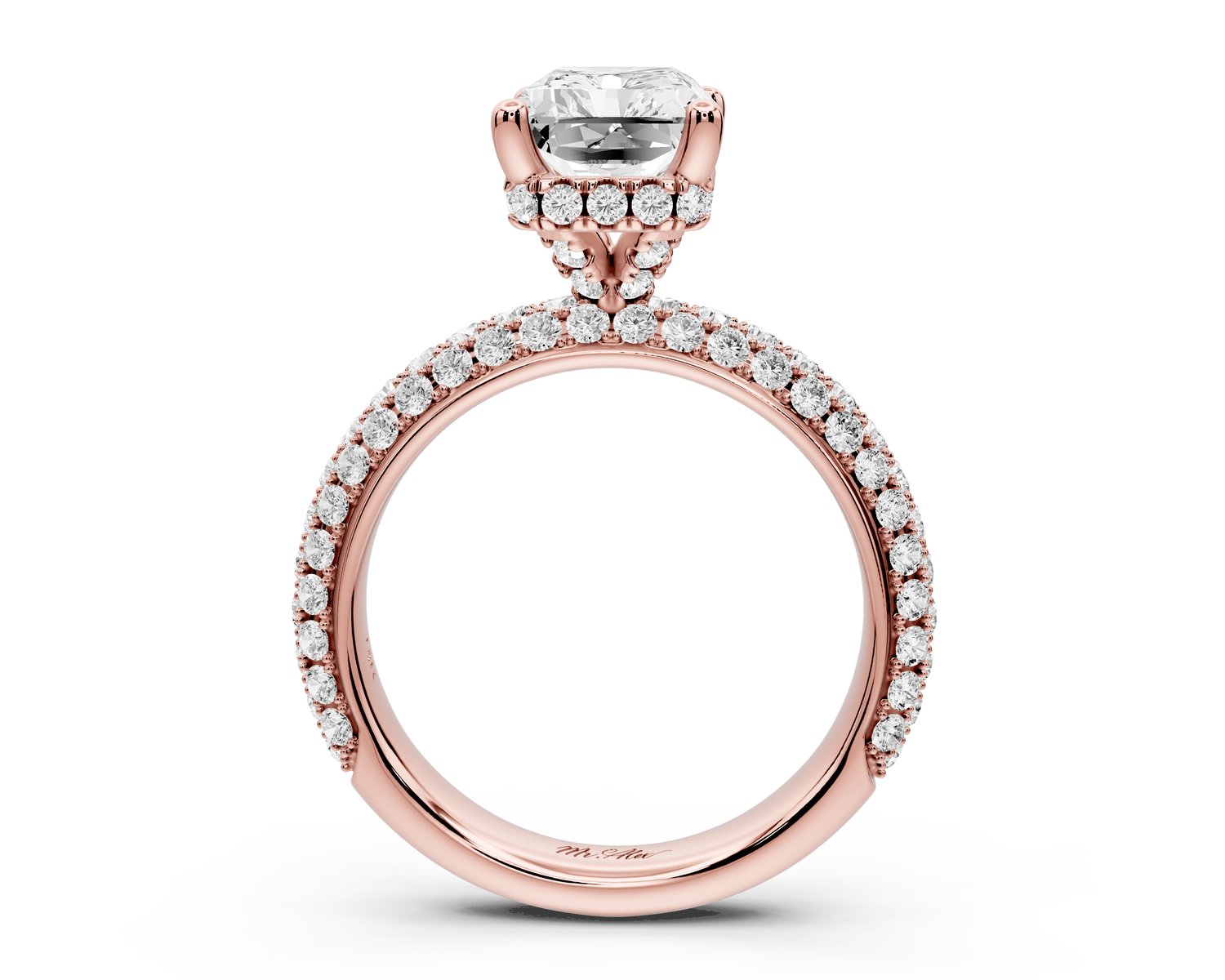 Evelina - 3ct 18k rose gold radiant wrap around Halo Rollover Pavé Diamond Crown Engagement Ring - Mr. Alex Jewelry