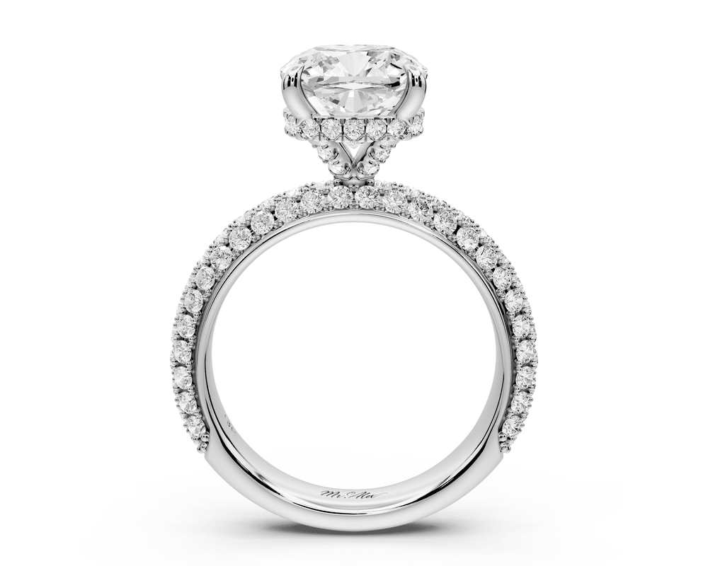 Evelina - 3ct 18k white gold cushion wrap around Halo Rollover Pavé Diamond Crown Engagement Ring - Mr. Alex Jewelry