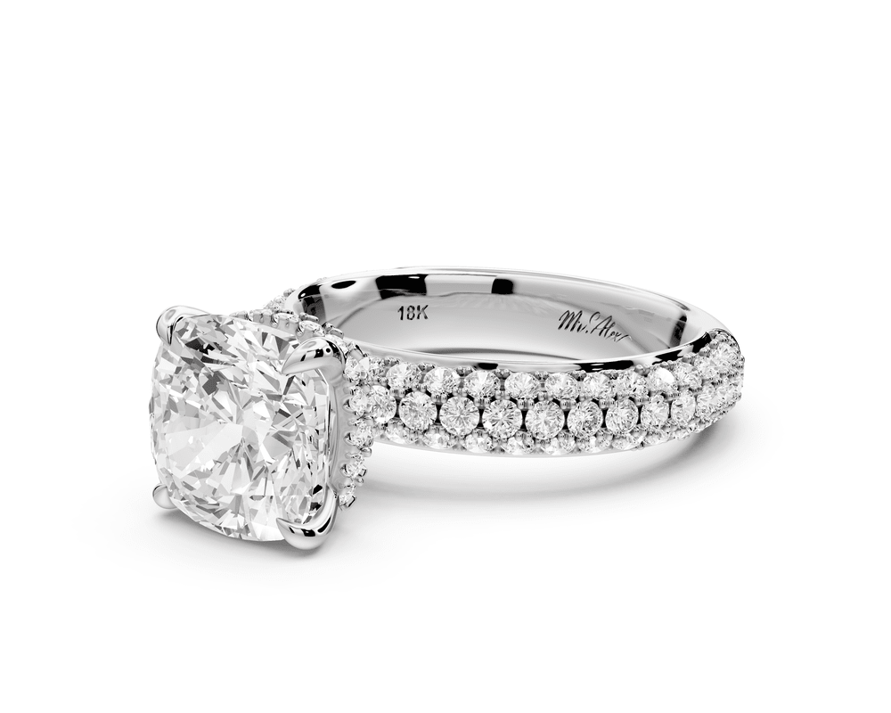 Evelina - 3ct 18k white gold cushion wrap around Halo Rollover Pavé Diamond Crown Engagement Ring - Mr. Alex Jewelry