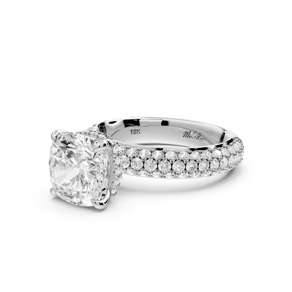 Evelina - 3ct 18k white gold cushion wrap around Halo Rollover Pavé Diamond Crown Engagement Ring - Mr. Alex Jewelry