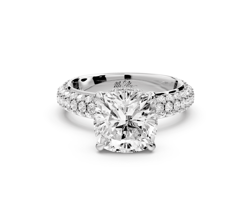 Evelina - 3ct 18k white gold cushion wrap around Halo Rollover Pavé Diamond Crown Engagement Ring - Mr. Alex Jewelry