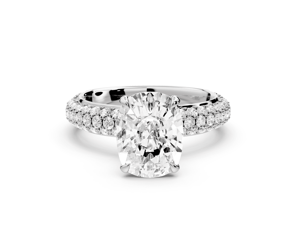 Evelina - 3ct 18k white gold ecushion wrap around Halo Rollover Pavé Diamond Crown Engagement Ring - Mr. Alex Jewelry