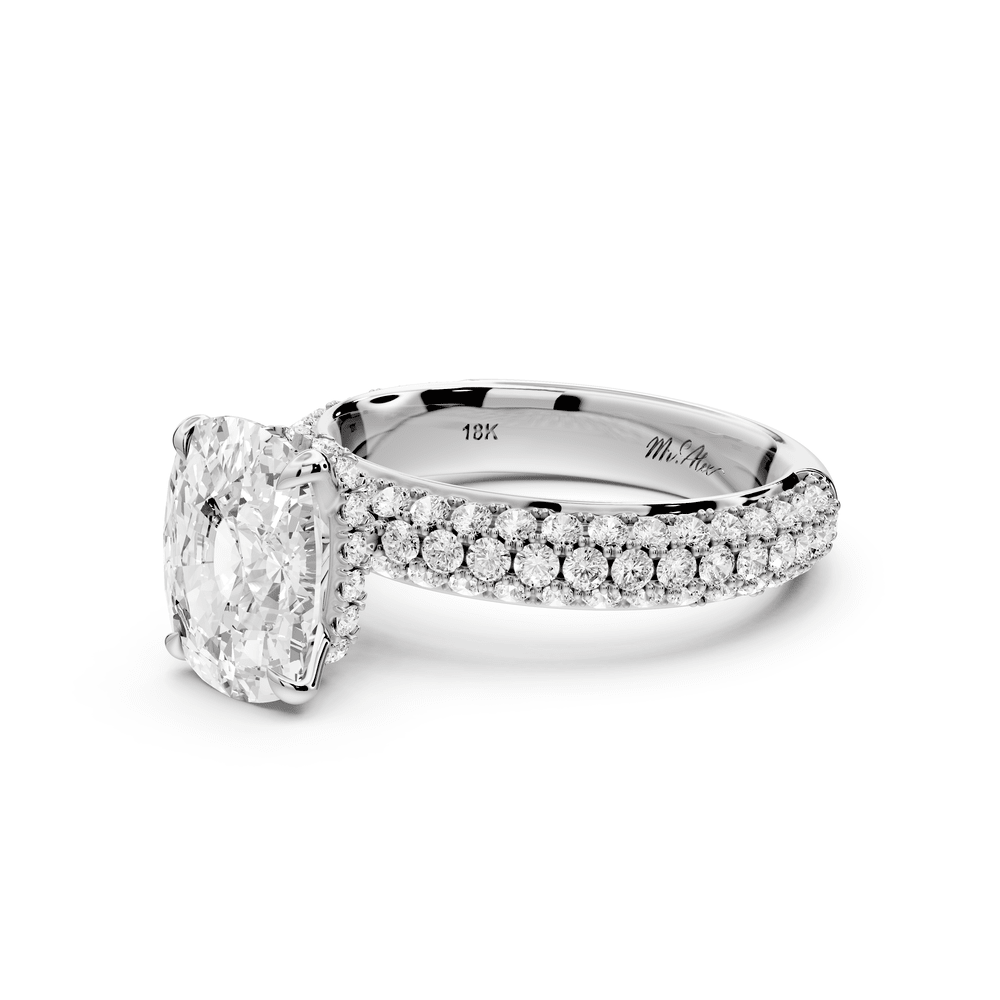 Evelina - 3ct 18k white gold ecushion wrap around Halo Rollover Pavé Diamond Crown Engagement Ring - Mr. Alex Jewelry