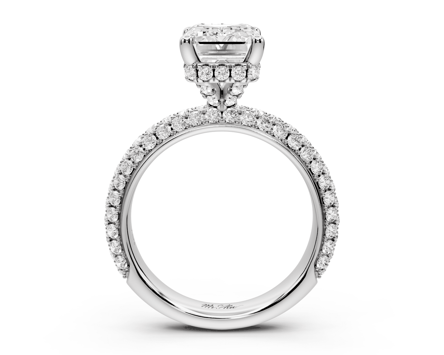 Evelina - 3ct 18k white gold emerald wrap around Halo Rollover Pavé Diamond Crown Engagement Ring - Mr. Alex Jewelry