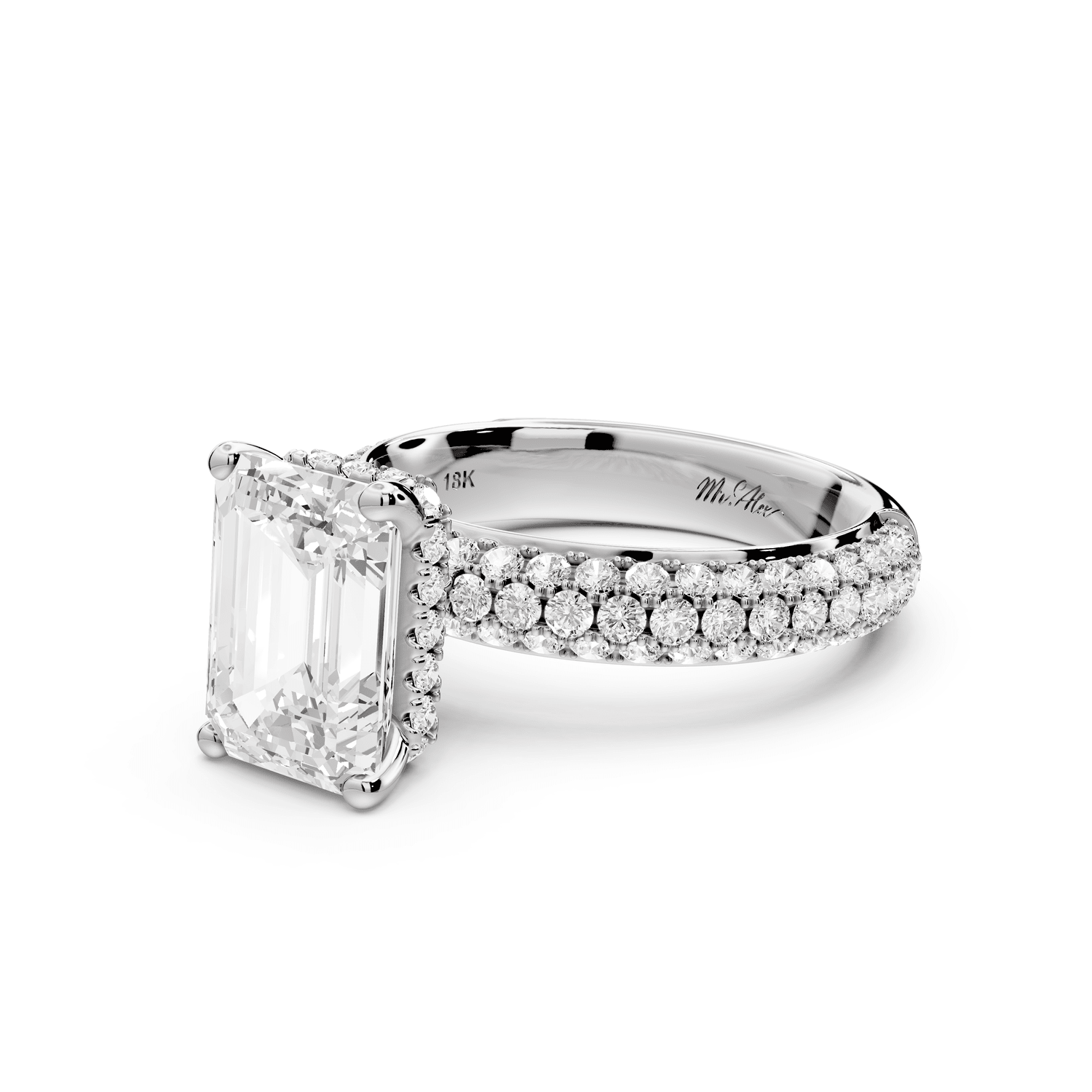 Evelina - 3ct 18k white gold emerald wrap around Halo Rollover Pavé Diamond Crown Engagement Ring - Mr. Alex Jewelry