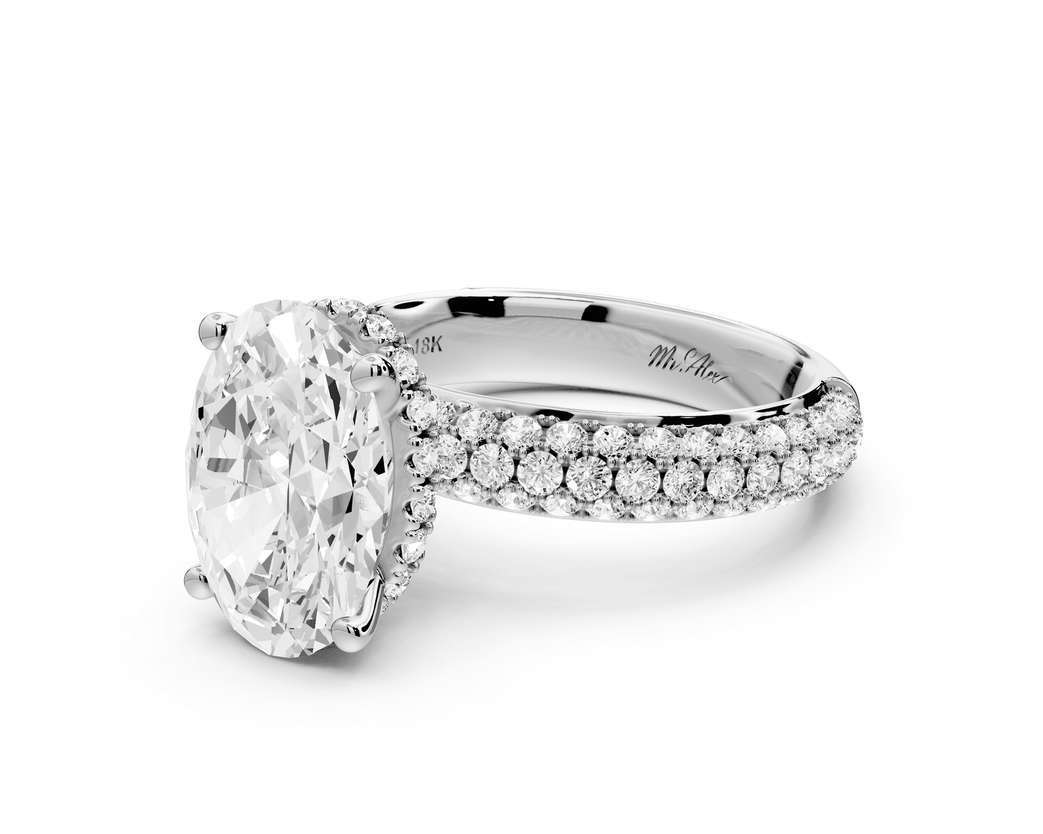 Evelina - 3ct 18k white gold oval wrap around Halo Rollover Pavé Diamond Crown Engagement Ring - Mr. Alex Jewelry