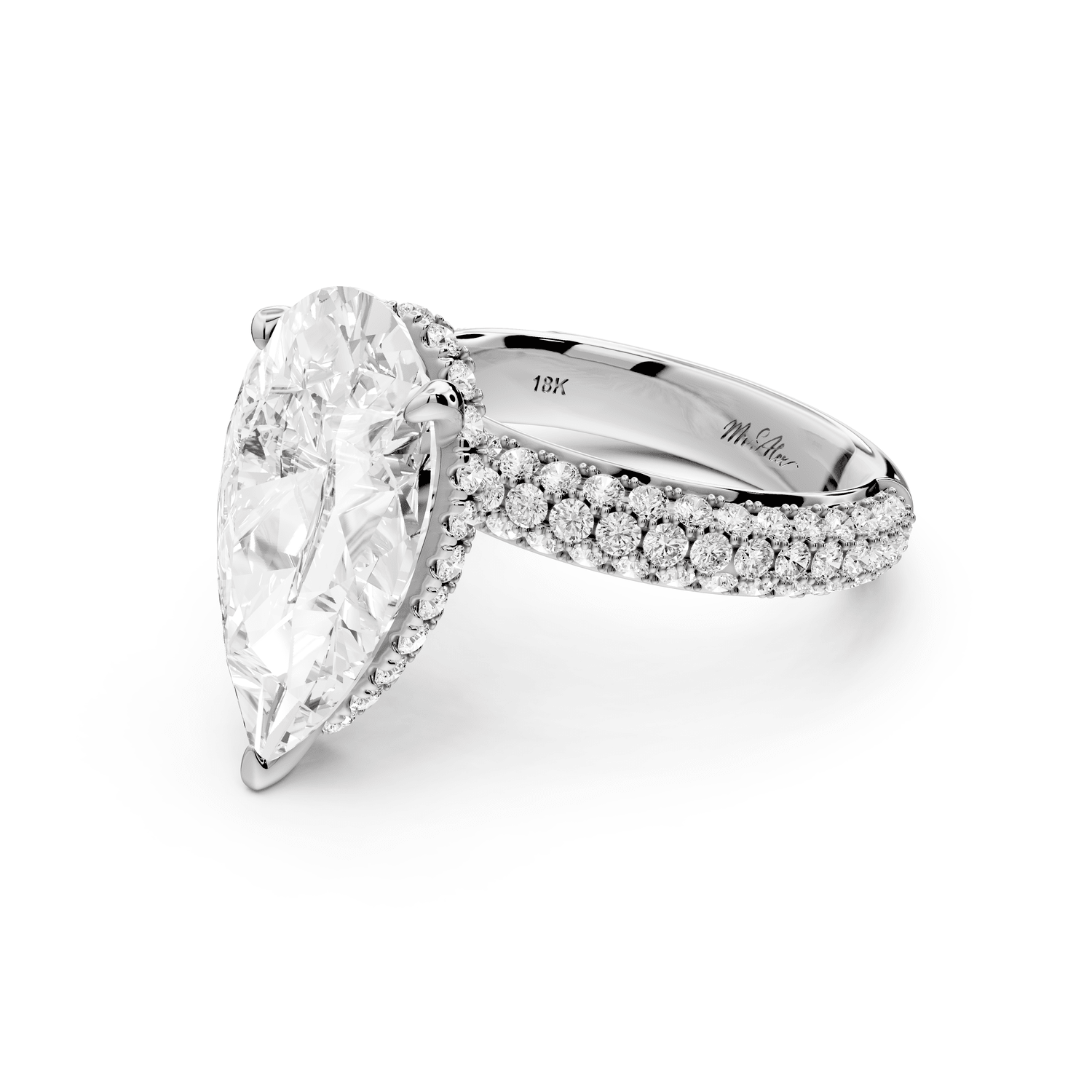 Evelina - 3ct 18k white gold pear wrap around Halo Rollover Pavé Diamond Crown Engagement Ring - Mr. Alex Jewelry