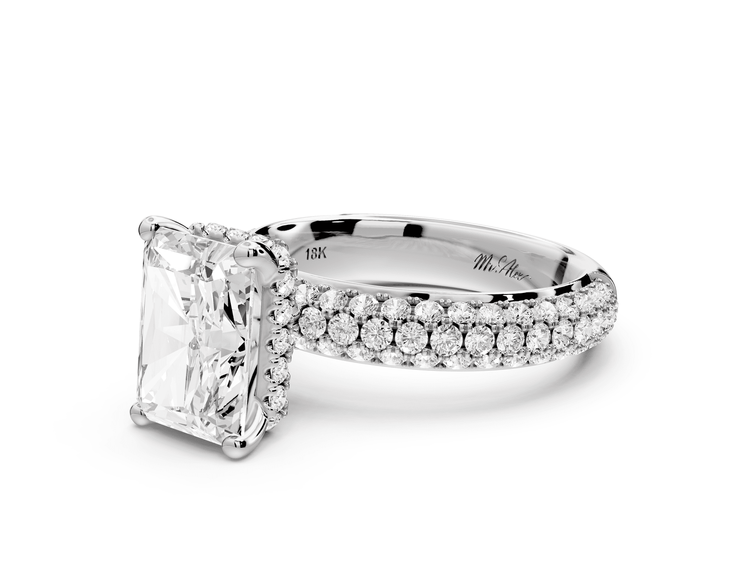 Evelina - 3ct 18k white gold radiant wrap around Halo Rollover Pavé Diamond Crown Engagement Ring - Mr. Alex Jewelry