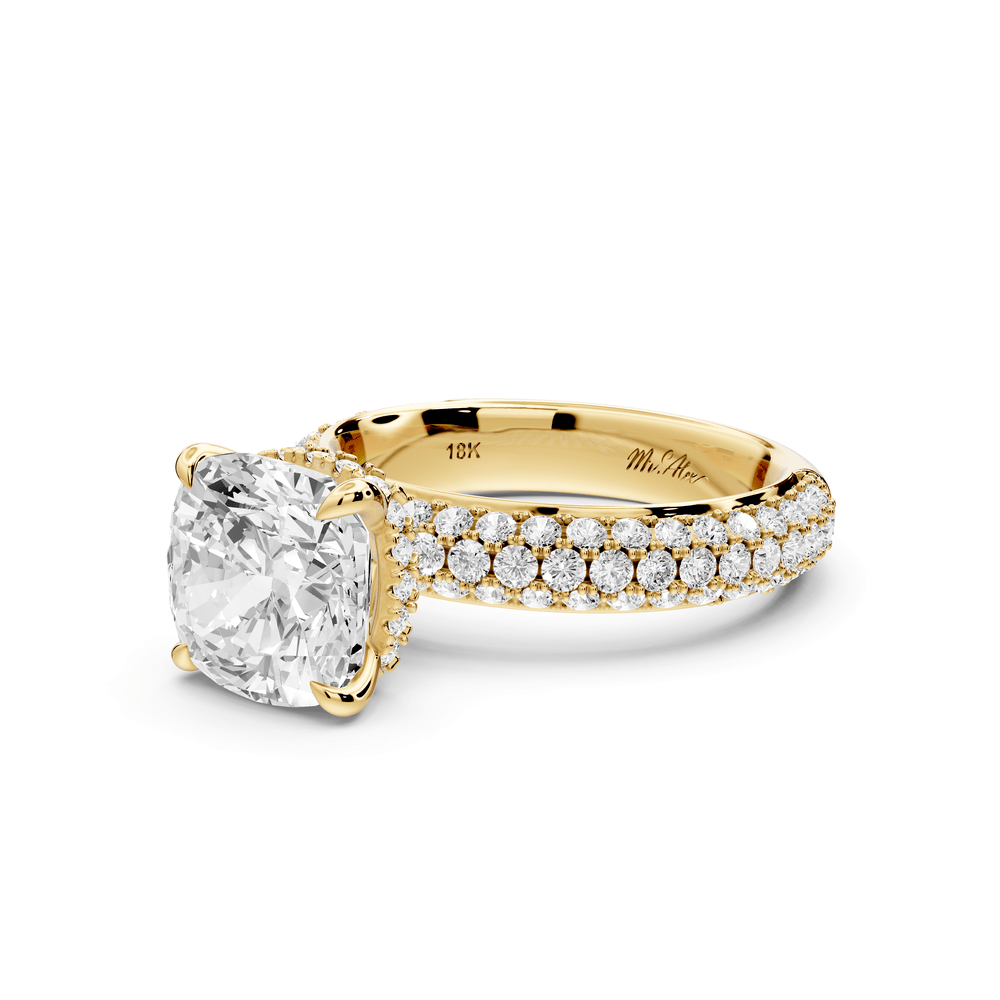 Evelina - 3ct 18k yellow gold cushion wrap around Halo Rollover Pavé Diamond Crown Engagement Ring - Mr. Alex Jewelry