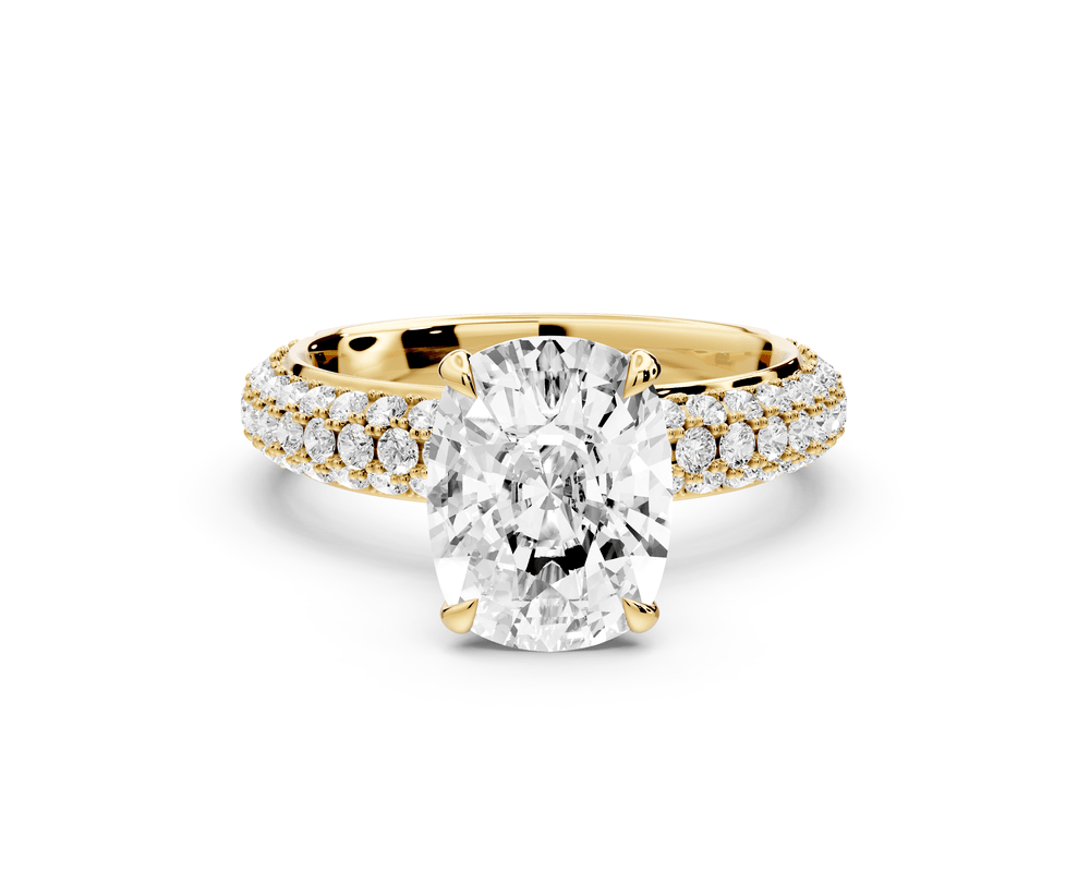 Evelina - 3ct 18k yellow gold ecushion wrap around Halo Rollover Pavé Diamond Crown Engagement Ring - Mr. Alex Jewelry
