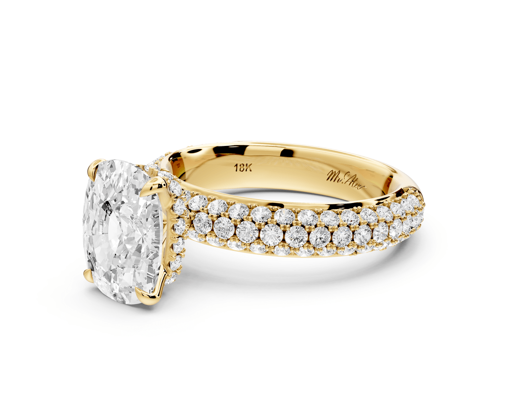 Evelina - 3ct 18k yellow gold ecushion wrap around Halo Rollover Pavé Diamond Crown Engagement Ring - Mr. Alex Jewelry