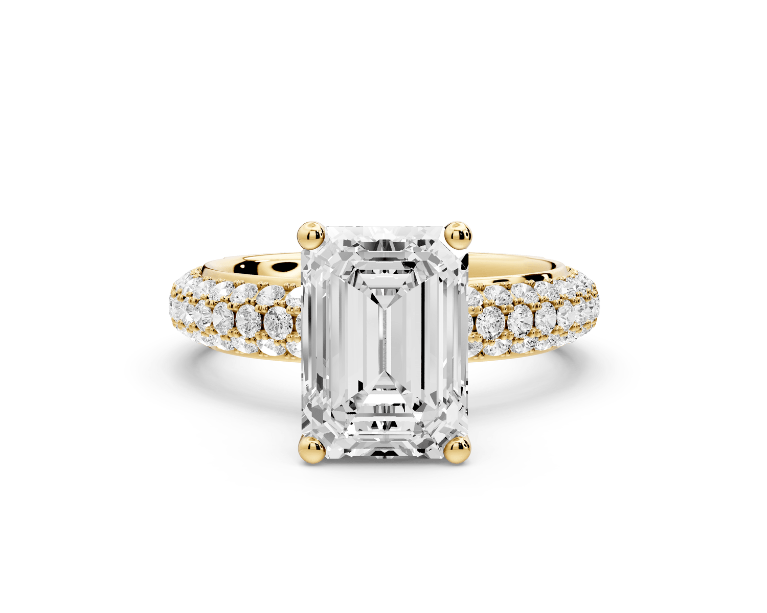 Evelina - 3ct 18k yellow gold emerald wrap around Halo Rollover Pavé Diamond Crown Engagement Ring - Mr. Alex Jewelry