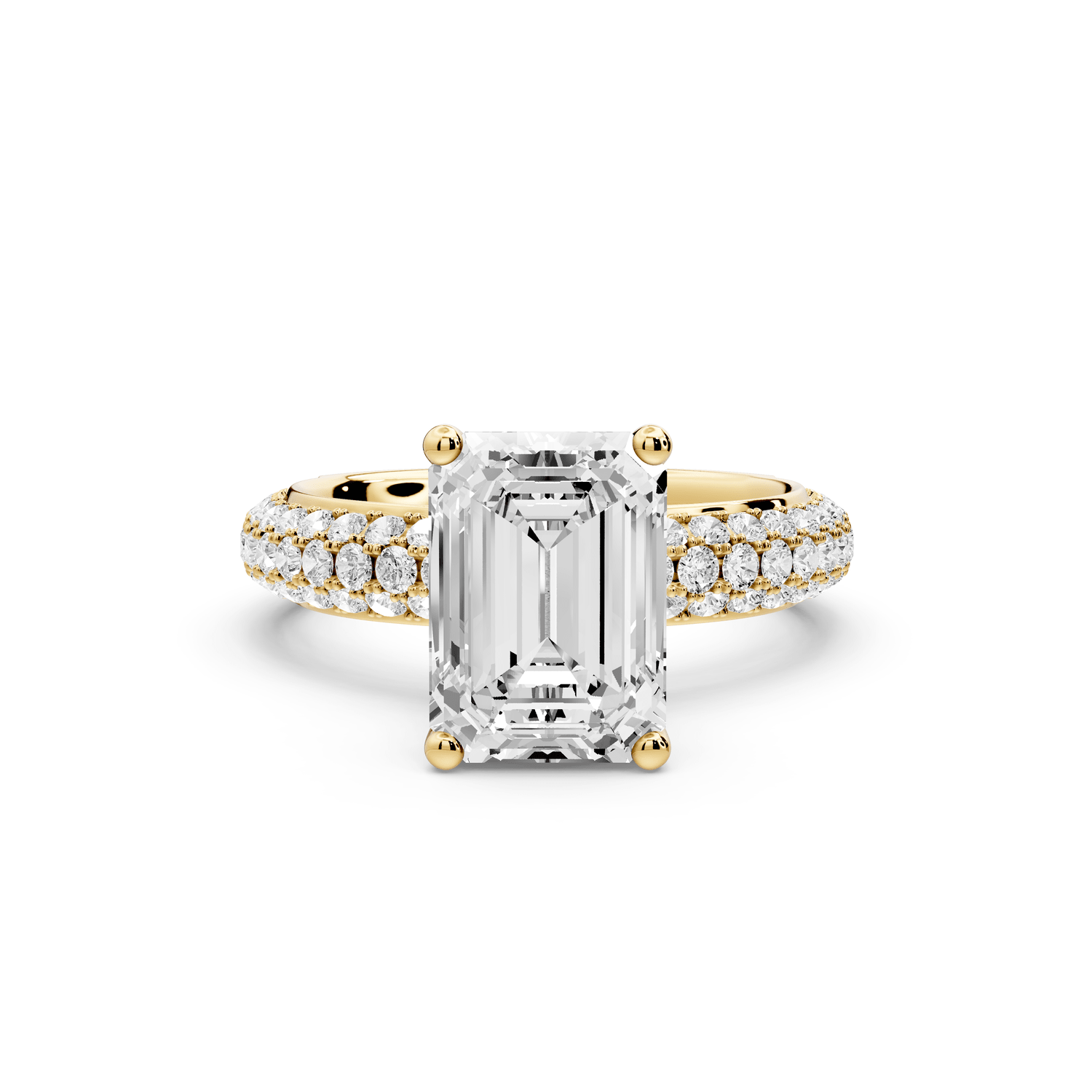 Evelina - 3ct 18k yellow gold emerald wrap around Halo Rollover Pavé Diamond Crown Engagement Ring - Mr. Alex Jewelry