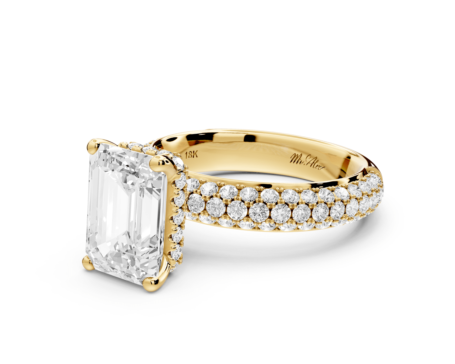 Evelina - 3ct 18k yellow gold emerald wrap around Halo Rollover Pavé Diamond Crown Engagement Ring - Mr. Alex Jewelry