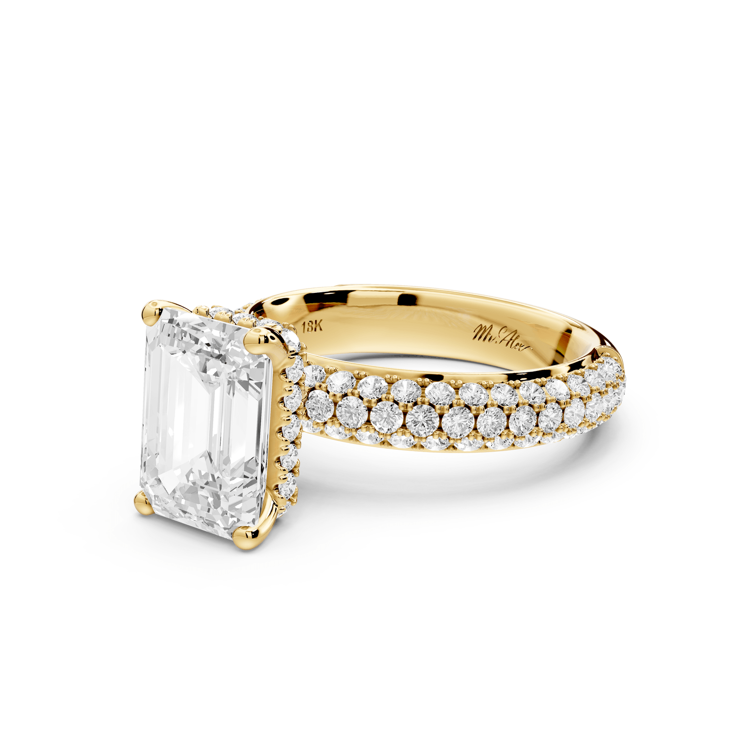 Evelina - 3ct 18k yellow gold emerald wrap around Halo Rollover Pavé Diamond Crown Engagement Ring - Mr. Alex Jewelry