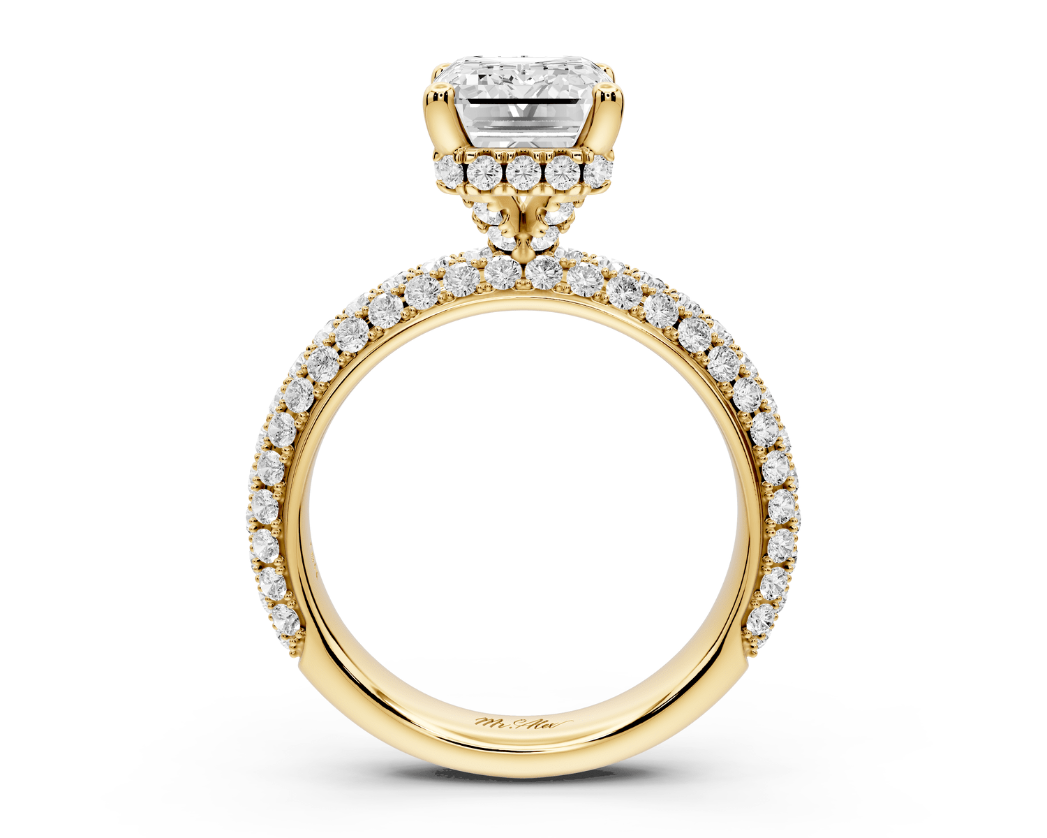 Evelina - 3ct 18k yellow gold emerald wrap around Halo Rollover Pavé Diamond Crown Engagement Ring - Mr. Alex Jewelry