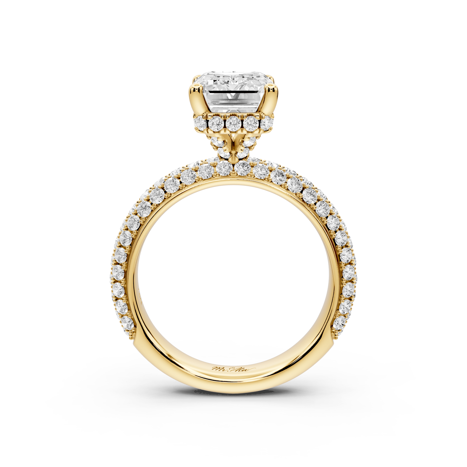 Evelina - 3ct 18k yellow gold emerald wrap around Halo Rollover Pavé Diamond Crown Engagement Ring - Mr. Alex Jewelry