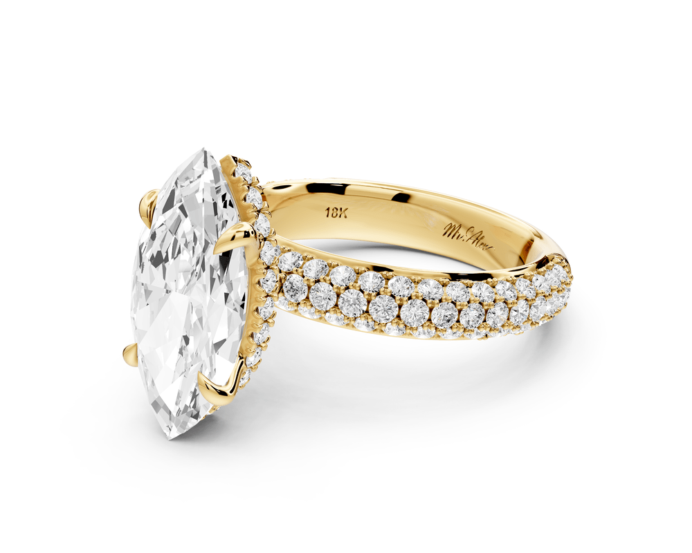 Evelina - 3ct 18k yellow gold marquise wrap around Halo Rollover Pavé Diamond Crown Engagement Ring - Mr. Alex Jewelry