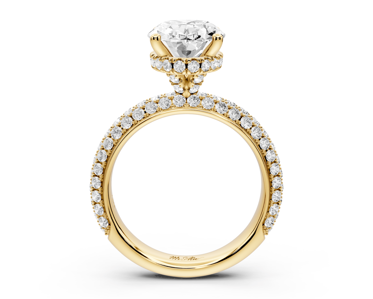Evelina - 3ct 18k yellow gold oval wrap around Halo Rollover Pavé Diamond Crown Engagement Ring - Mr. Alex Jewelry